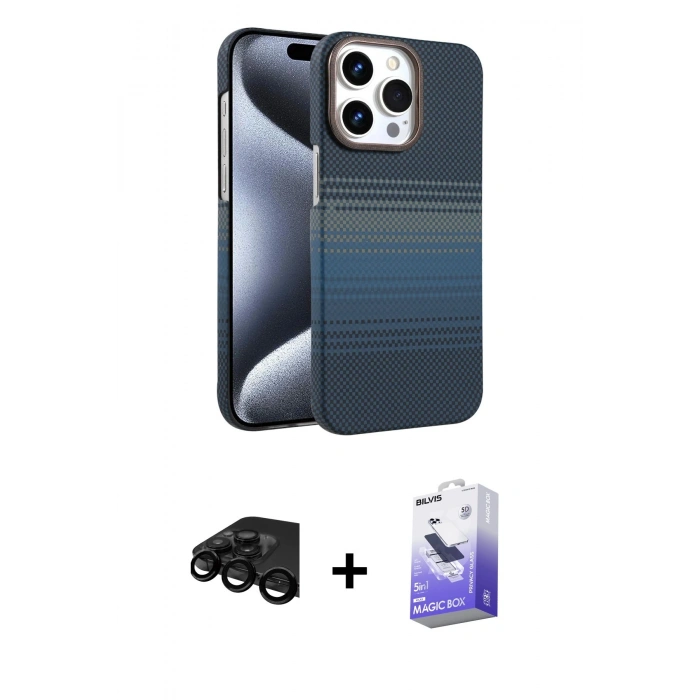 MARSİLYAN™- iPhone 15 Pro Max Kılıf Doruk Serisi - Siyah Bilvis 5in1 5D Magic Hayalet Cam Ekran Koruyucu + Raze Metal Kamera Lens - SH
