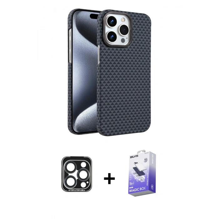 MARSİLYAN™- iPhone 15 Pro Max Kılıf Doruk Serisi - Siyah Bilvis 5in1 5D Magic Hayalet Cam Ekran Koruyucu + PVD Metal Kamera Lens - LT