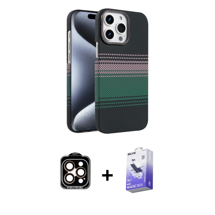 MARSİLYAN™- iPhone 15 Pro Max Kılıf Doruk Serisi - Siyah Bilvis 5in1 5D Magic Hayalet Cam Ekran Koruyucu + PVD Metal Kamera Lens - TU