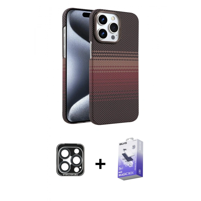 MARSİLYAN™- iPhone 15 Pro Max Kılıf Doruk Serisi - Siyah Bilvis 5in1 5D Magic Hayalet Cam Ekran Koruyucu + PVD Metal Kamera Lens - LT