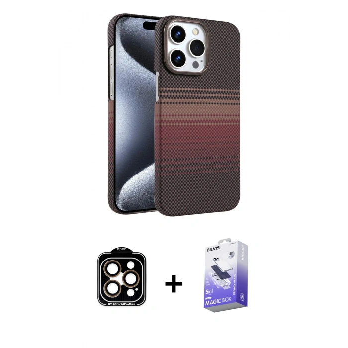 MARSİLYAN™- iPhone 15 Pro Max Kılıf Doruk Serisi - Siyah Bilvis 5in1 5D Magic Hayalet Cam Ekran Koruyucu + PVD Metal Kamera Lens - TU