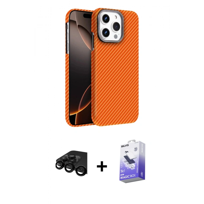 MARSİLYAN™- iPhone 15 Pro Max Kılıf Doruk Serisi - Siyah Bilvis 5in1 5D Magic Hayalet Cam Ekran Koruyucu + Raze Metal Kamera Lens - SH