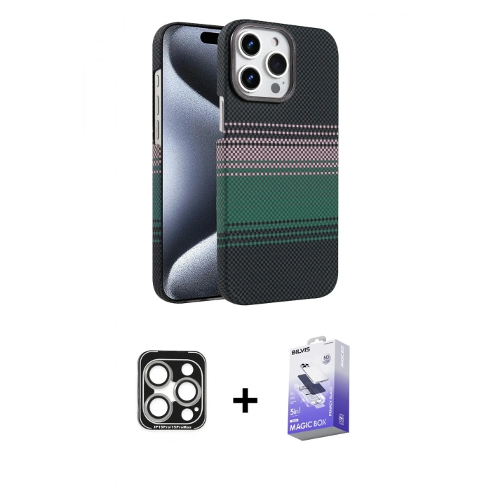 MARSİLYAN™- iPhone 15 Pro Max Kılıf Doruk Serisi - Siyah Bilvis 5in1 5D Magic Hayalet Cam Ekran Koruyucu + PVD Metal Kamera Lens - GS