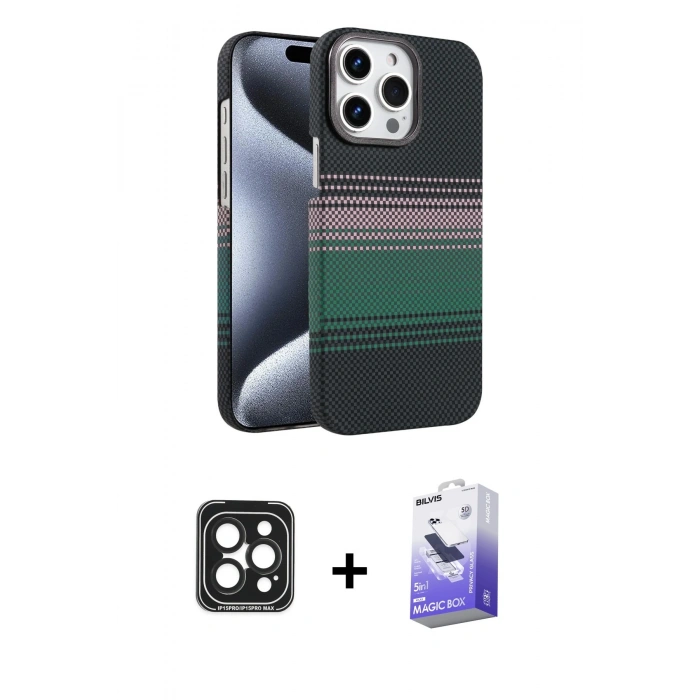 MARSİLYAN™- iPhone 15 Pro Max Kılıf Doruk Serisi - Siyah Bilvis 5in1 5D Magic Hayalet Cam Ekran Koruyucu + PVD Metal Kamera Lens - SH