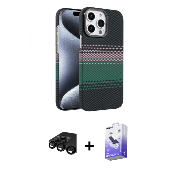 MARSİLYAN™- iPhone 15 Pro Max Kılıf Doruk Serisi - Siyah Bilvis 5in1 5D Magic Hayalet Cam Ekran Koruyucu + Raze Metal Kamera Lens - SH