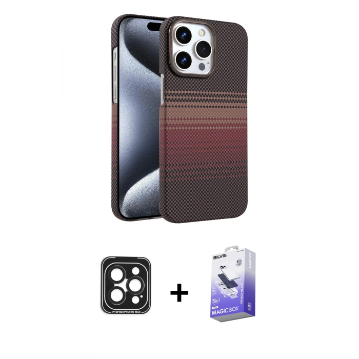 MARSİLYAN™- iPhone 15 Pro Max Kılıf Doruk Serisi - Siyah Bilvis 5in1 5D Magic Hayalet Cam Ekran Koruyucu + PVD Metal Kamera Lens - SH