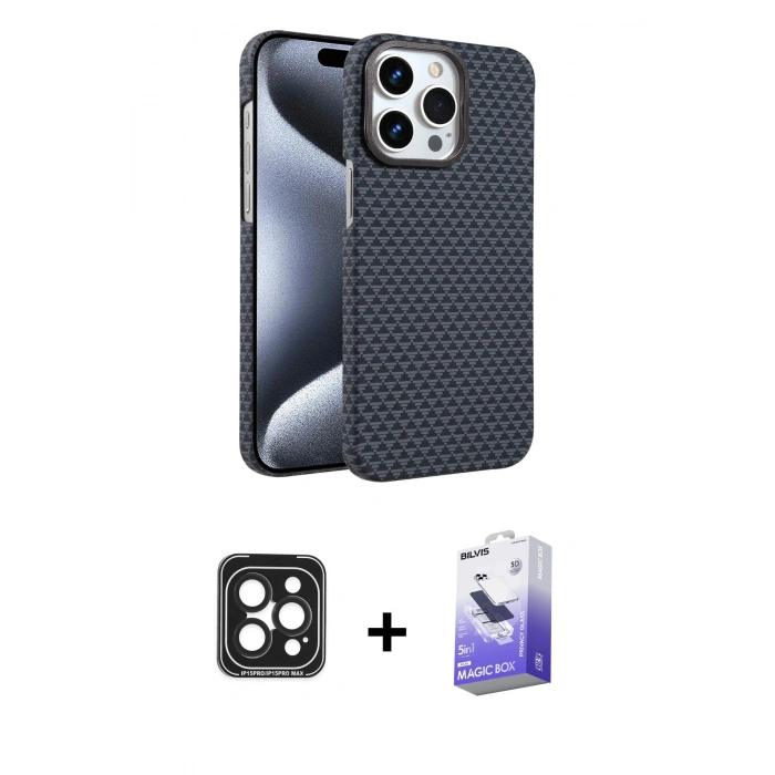 MARSİLYAN™- iPhone 15 Pro Max Kılıf Doruk Serisi - Siyah Bilvis 5in1 5D Magic Hayalet Cam Ekran Koruyucu + PVD Metal Kamera Lens - SH