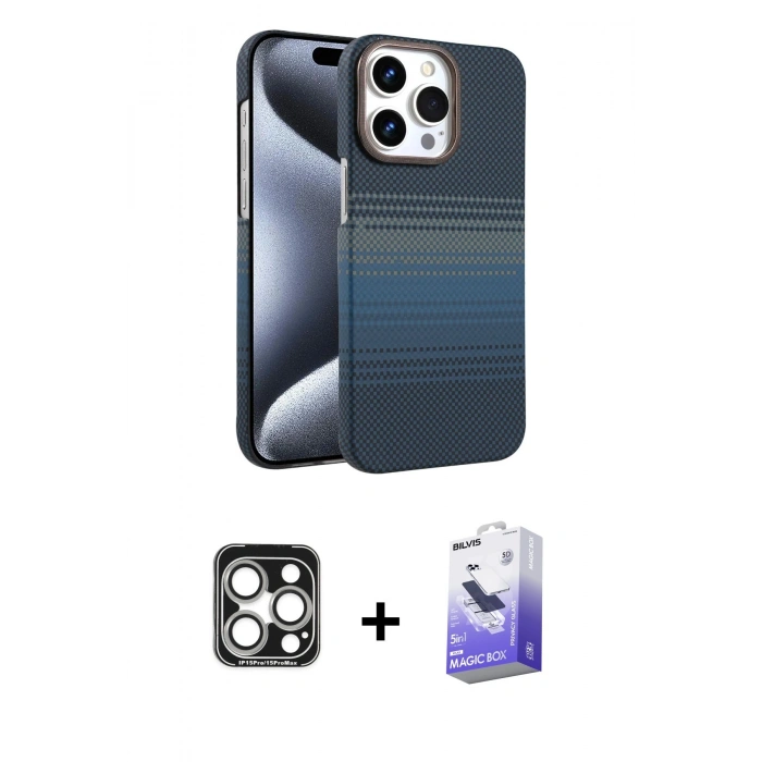 MARSİLYAN™- iPhone 15 Pro Max Kılıf Doruk Serisi - Siyah Bilvis 5in1 5D Magic Hayalet Cam Ekran Koruyucu + PVD Metal Kamera Lens - GS