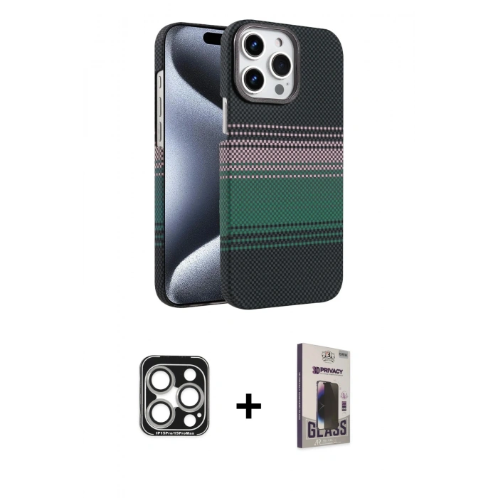 MARSİLYAN™- iPhone 15 Pro Max Kılıf Doruk Serisi - Siyah Bilvis Hayalet Cam Ekran Koruyucu + PVD Metal Kamera Lens - GS