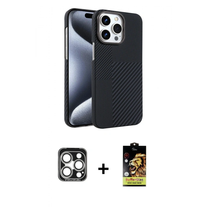 MARSİLYAN™- iPhone 15 Pro Max Kılıf Doruk Serisi - Siyah Buffer Cam Ekran Koruyucu + PVD Metal Kamera Lens - GS