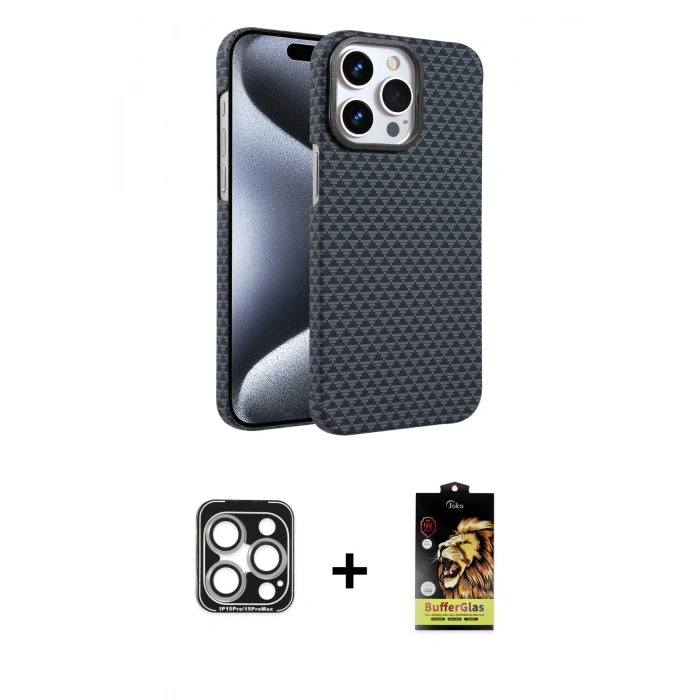 MARSİLYAN™- iPhone 15 Pro Max Kılıf Doruk Serisi - Siyah Buffer Cam Ekran Koruyucu + PVD Metal Kamera Lens - GS
