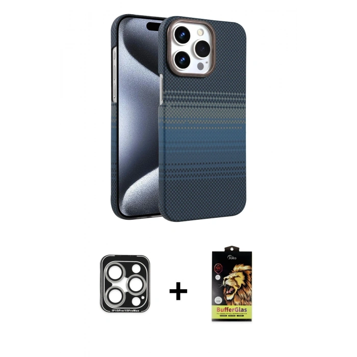 MARSİLYAN™- iPhone 15 Pro Max Kılıf Doruk Serisi - Siyah Buffer Cam Ekran Koruyucu + PVD Metal Kamera Lens - GS
