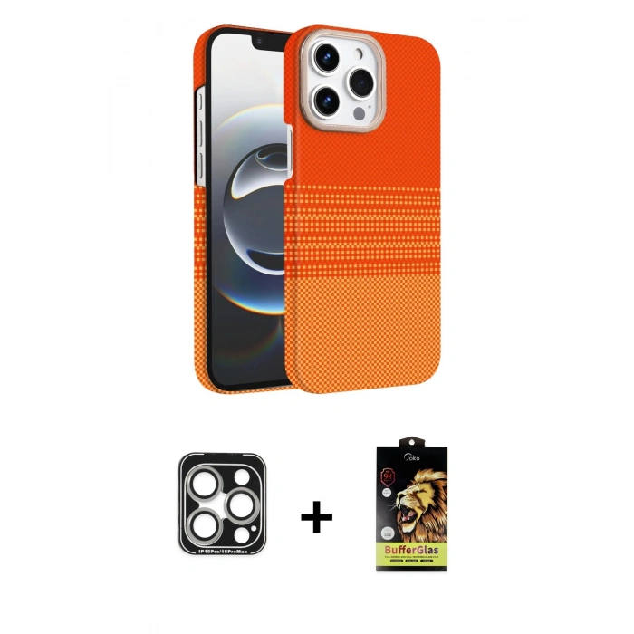 MARSİLYAN™- iPhone 15 Pro Max Kılıf Doruk Serisi - Siyah Buffer Cam Ekran Koruyucu + PVD Metal Kamera Lens - GS