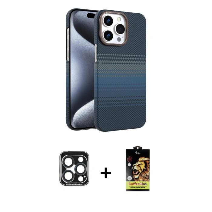 MARSİLYAN™- iPhone 15 Pro Max Kılıf Doruk Serisi - Siyah Buffer Cam Ekran Koruyucu + PVD Metal Kamera Lens - LT