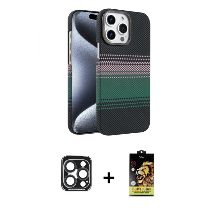 MARSİLYAN™- iPhone 15 Pro Max Kılıf Doruk Serisi - Siyah Buffer Cam Ekran Koruyucu + PVD Metal Kamera Lens - LT