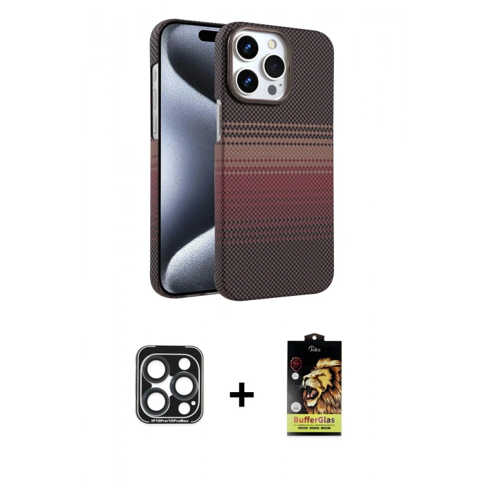 MARSİLYAN™- iPhone 15 Pro Max Kılıf Doruk Serisi - Siyah Buffer Cam Ekran Koruyucu + PVD Metal Kamera Lens - LT