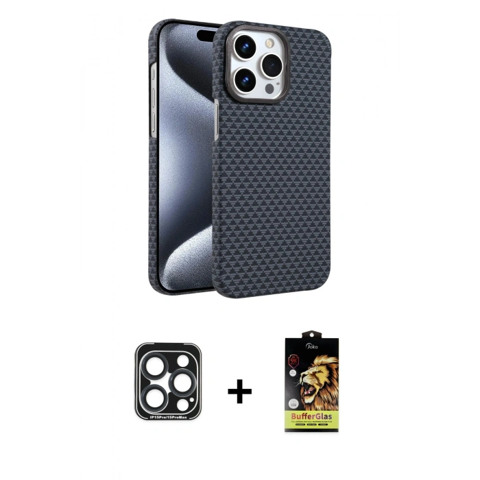 MARSİLYAN™- iPhone 15 Pro Max Kılıf Doruk Serisi - Siyah Buffer Cam Ekran Koruyucu + PVD Metal Kamera Lens - LT
