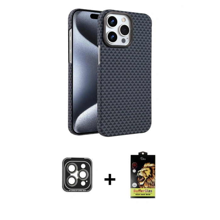 MARSİLYAN™- iPhone 15 Pro Max Kılıf Doruk Serisi - Siyah Buffer Cam Ekran Koruyucu + PVD Metal Kamera Lens - GI