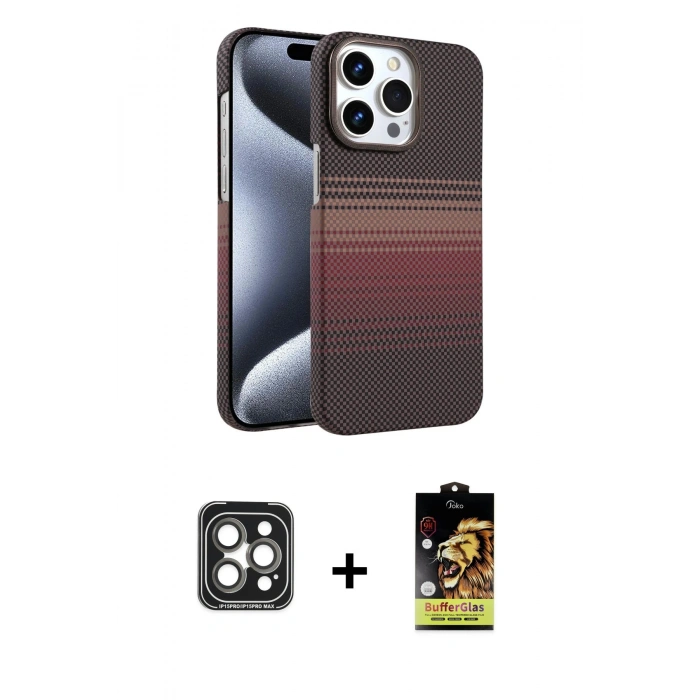 MARSİLYAN™- iPhone 15 Pro Max Kılıf Doruk Serisi - Siyah Buffer Cam Ekran Koruyucu + PVD Metal Kamera Lens - GI
