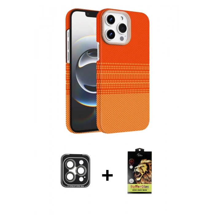MARSİLYAN™- iPhone 15 Pro Max Kılıf Doruk Serisi - Siyah Buffer Cam Ekran Koruyucu + PVD Metal Kamera Lens - GI