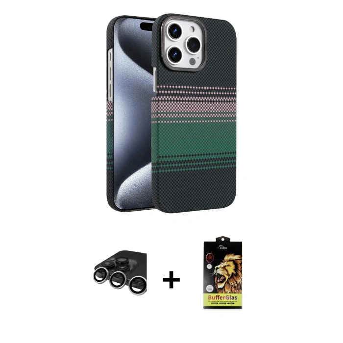 MARSİLYAN™- iPhone 15 Pro Max Kılıf Doruk Serisi - Siyah Buffer Cam Ekran Koruyucu + Raze Metal Kamera Lens - GS