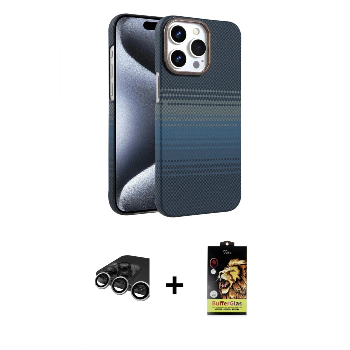 MARSİLYAN™- iPhone 15 Pro Max Kılıf Doruk Serisi - Siyah Buffer Cam Ekran Koruyucu + Raze Metal Kamera Lens - GS