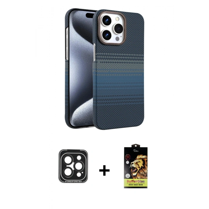 MARSİLYAN™- iPhone 15 Pro Max Kılıf Doruk Serisi - Siyah Buffer Cam Ekran Koruyucu + Siyah PVD Metal Kamera Lens
