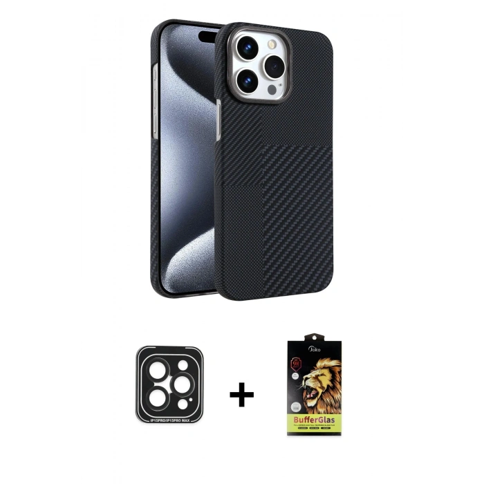 MARSİLYAN™- iPhone 15 Pro Max Kılıf Doruk Serisi - Siyah Buffer Cam Ekran Koruyucu + Siyah PVD Metal Kamera Lens