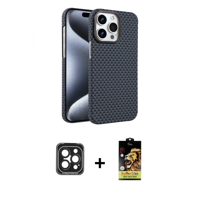 MARSİLYAN™- iPhone 15 Pro Max Kılıf Doruk Serisi - Siyah Buffer Cam Ekran Koruyucu + Siyah PVD Metal Kamera Lens