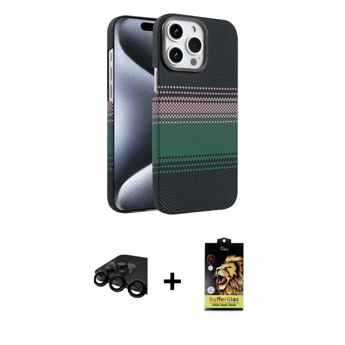MARSİLYAN™- iPhone 15 Pro Max Kılıf Doruk Serisi - Siyah Buffer Cam Ekran Koruyucu + Raze Metal Kamera Lens - SH