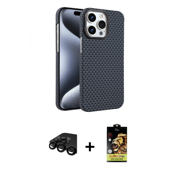 MARSİLYAN™- iPhone 15 Pro Max Kılıf Doruk Serisi - Siyah Buffer Cam Ekran Koruyucu + Raze Metal Kamera Lens - SH