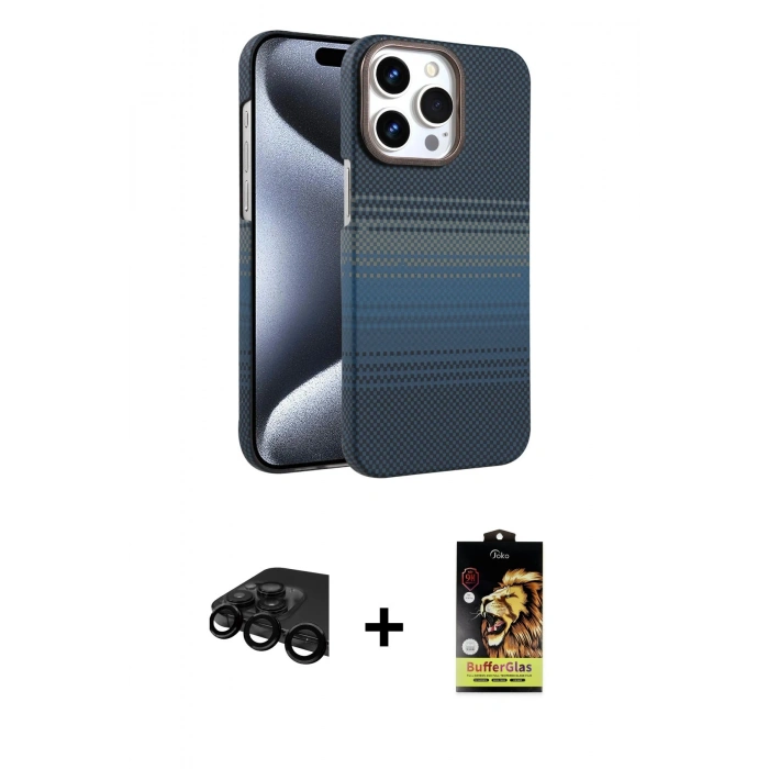 MARSİLYAN™- iPhone 15 Pro Max Kılıf Doruk Serisi - Siyah Buffer Cam Ekran Koruyucu + Raze Metal Kamera Lens - SH