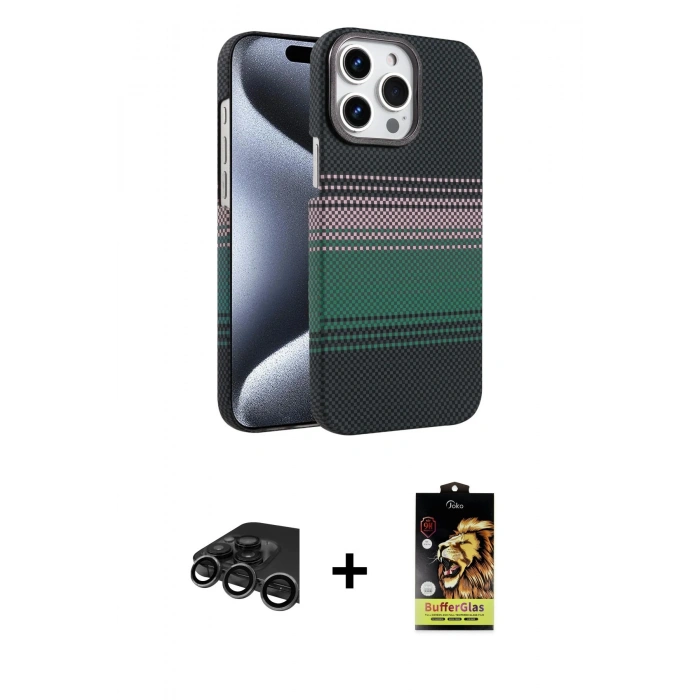 MARSİLYAN™- iPhone 15 Pro Max Kılıf Doruk Serisi - Siyah Buffer Cam Ekran Koruyucu + Titanyum Gri Raze Metal Kamera Lens