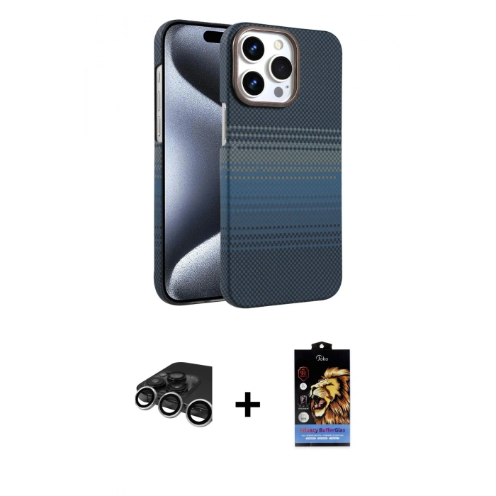 MARSİLYAN™- iPhone 15 Pro Max Kılıf Doruk Serisi - Siyah Buffer Hayalet Cam Ekran Koruyucu + Raze Metal Kamera Lens - GS