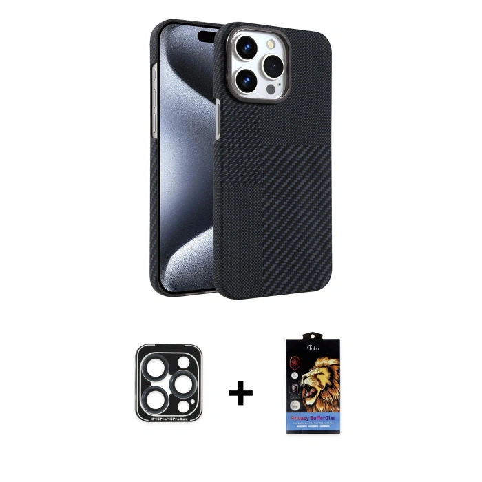 MARSİLYAN™- iPhone 15 Pro Max Kılıf Doruk Serisi - Siyah Buffer Hayalet Cam Ekran Koruyucu + Lacivert PVD Metal Kamera Lens