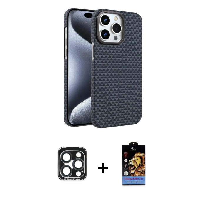 MARSİLYAN™- iPhone 15 Pro Max Kılıf Doruk Serisi - Siyah Buffer Hayalet Cam Ekran Koruyucu + Lacivert PVD Metal Kamera Lens