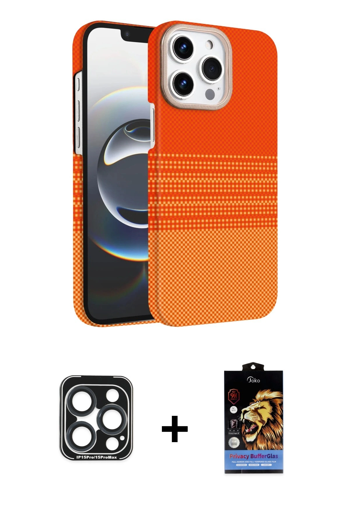 MARSİLYAN™- iPhone 15 Pro Max Kılıf Doruk Serisi - Siyah Buffer Hayalet Cam Ekran Koruyucu + Lacivert PVD Metal Kamera Lens