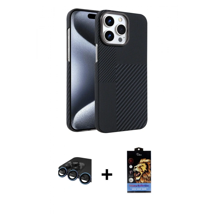 MARSİLYAN™- iPhone 15 Pro Max Kılıf Doruk Serisi - Siyah Buffer Hayalet Cam Ekran Koruyucu + Raze Metal Kamera Lens - LT