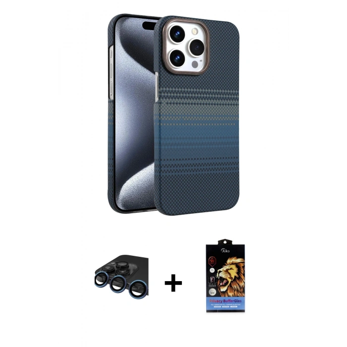 MARSİLYAN™- iPhone 15 Pro Max Kılıf Doruk Serisi - Siyah Buffer Hayalet Cam Ekran Koruyucu + Raze Metal Kamera Lens - LT