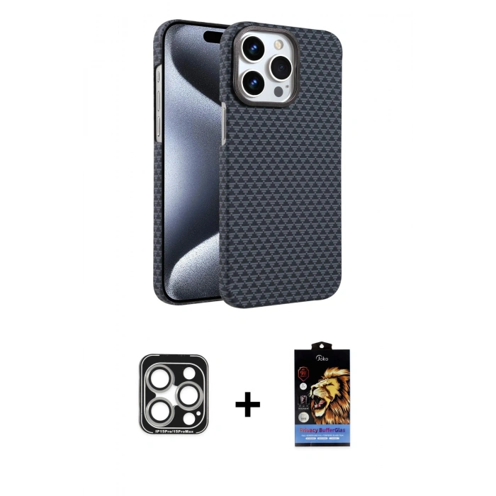 MARSİLYAN™- iPhone 15 Pro Max Kılıf Doruk Serisi - Siyah Buffer Hayalet Cam Ekran Koruyucu + PVD Metal Kamera Lens - GS