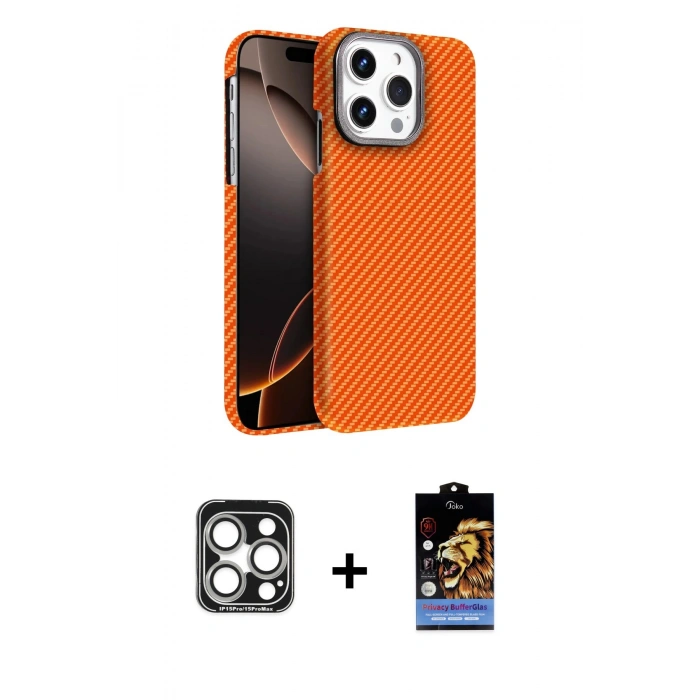 MARSİLYAN™- iPhone 15 Pro Max Kılıf Doruk Serisi - Siyah Buffer Hayalet Cam Ekran Koruyucu + PVD Metal Kamera Lens - GS