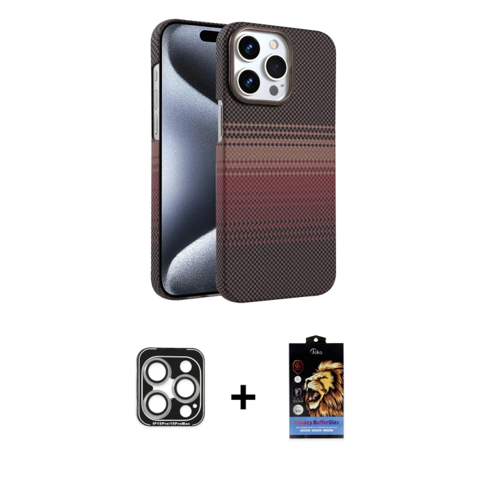 MARSİLYAN™- iPhone 15 Pro Max Kılıf Doruk Serisi - Siyah Buffer Hayalet Cam Ekran Koruyucu + PVD Metal Kamera Lens - GS