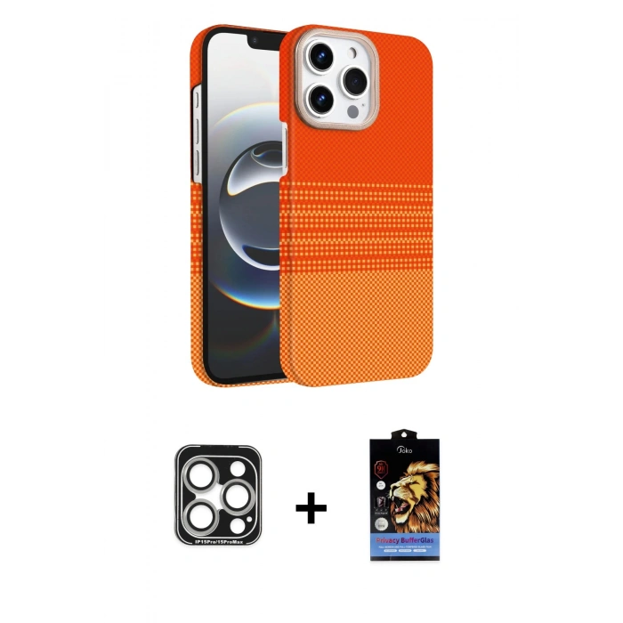 MARSİLYAN™- iPhone 15 Pro Max Kılıf Doruk Serisi - Siyah Buffer Hayalet Cam Ekran Koruyucu + PVD Metal Kamera Lens - GS