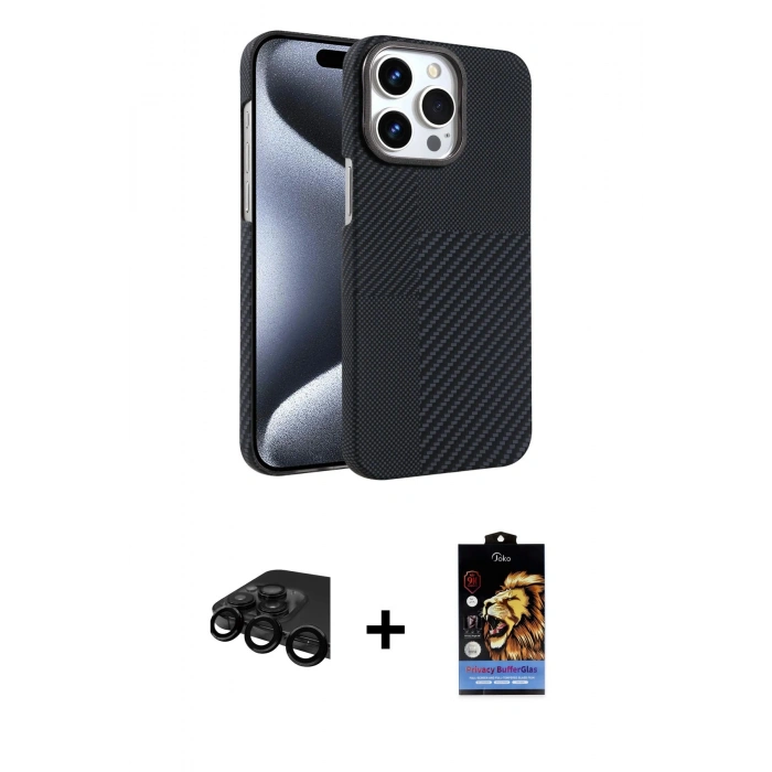MARSİLYAN™- iPhone 15 Pro Max Kılıf Doruk Serisi - Siyah Buffer Hayalet Cam Ekran Koruyucu + Raze Metal Kamera Lens - SH
