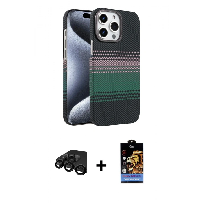 MARSİLYAN™- iPhone 15 Pro Max Kılıf Doruk Serisi - Siyah Buffer Hayalet Cam Ekran Koruyucu + Raze Metal Kamera Lens - SH