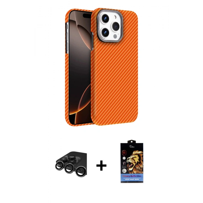MARSİLYAN™- iPhone 15 Pro Max Kılıf Doruk Serisi - Siyah Buffer Hayalet Cam Ekran Koruyucu + Raze Metal Kamera Lens - TMGI