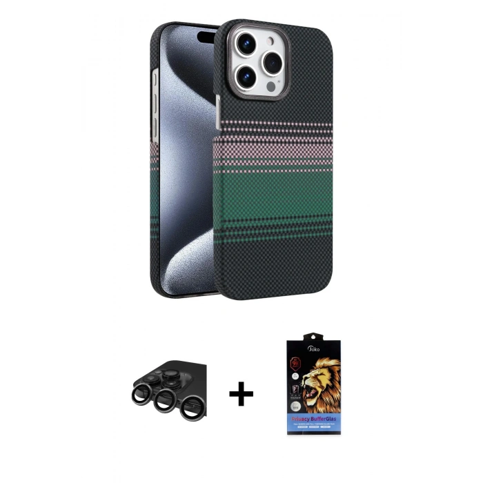 MARSİLYAN™- iPhone 15 Pro Max Kılıf Doruk Serisi - Siyah Buffer Hayalet Cam Ekran Koruyucu + Raze Metal Kamera Lens - TMGI