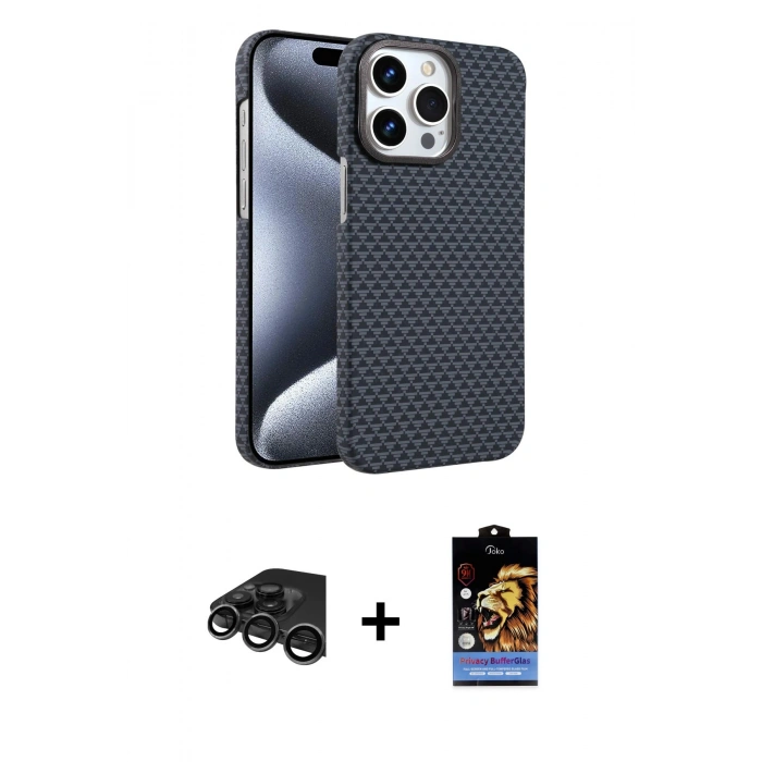MARSİLYAN™- iPhone 15 Pro Max Kılıf Doruk Serisi - Siyah Buffer Hayalet Cam Ekran Koruyucu + Raze Metal Kamera Lens - TMGI