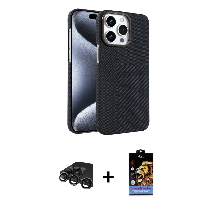 MARSİLYAN™- iPhone 15 Pro Max Kılıf Doruk Serisi - Siyah Buffer Hayalet Cam Ekran Koruyucu + Raze Metal Kamera Lens - TMGI