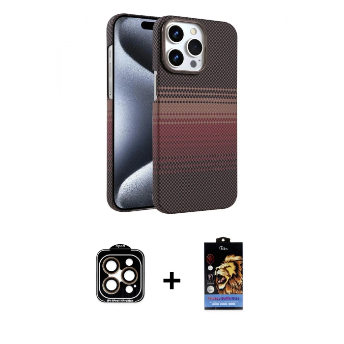 MARSİLYAN™- iPhone 15 Pro Max Kılıf Doruk Serisi - Siyah Buffer Hayalet Cam Ekran Koruyucu + Turuncu PVD Metal Kamera Lens